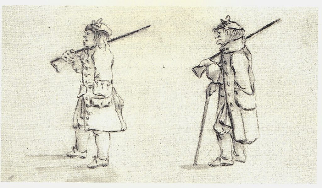 Officier jacobite portant des trews et un long manteau - les dessins de Penicuik - vers 1745