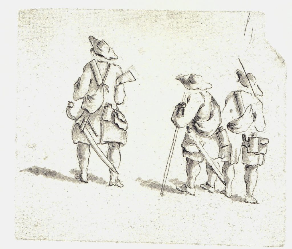 Soldat anglais d'une troupe régulière. Représenté peu équipé, ce qui est très rare à l'époque - les dessins de Penicuik - vers 1745