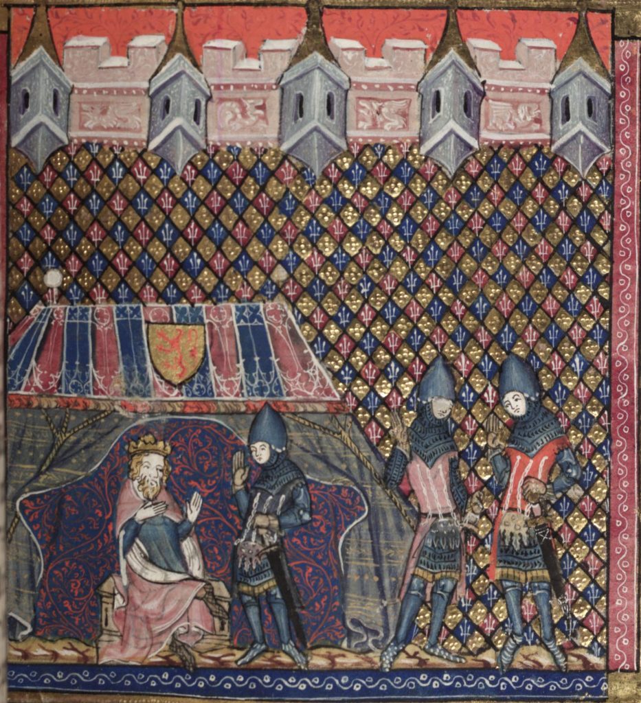 Miniature représentant Robert the Bruce en campagne, dans la romance d'Alexandre, auteur inconnu, 1338-1344