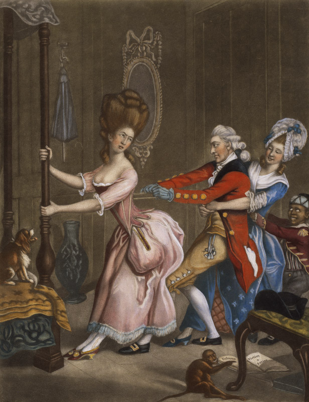 Illustration satyrique du laçage d’un corset de type stays