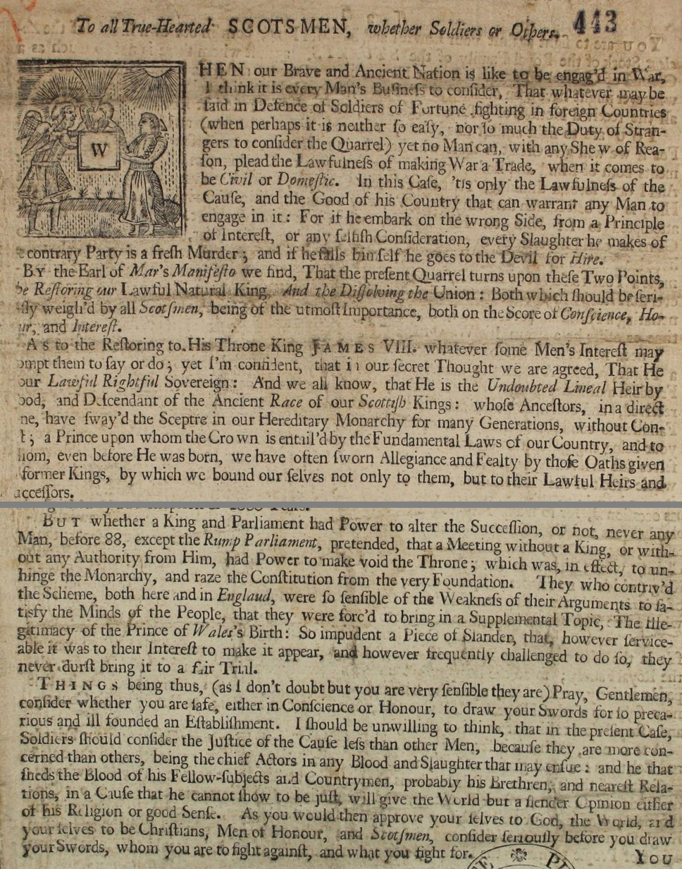 A handbill addressed ‘to all true-hearted Scotsmen’ to restore James Francis Edward to the throne, 1 January 1715