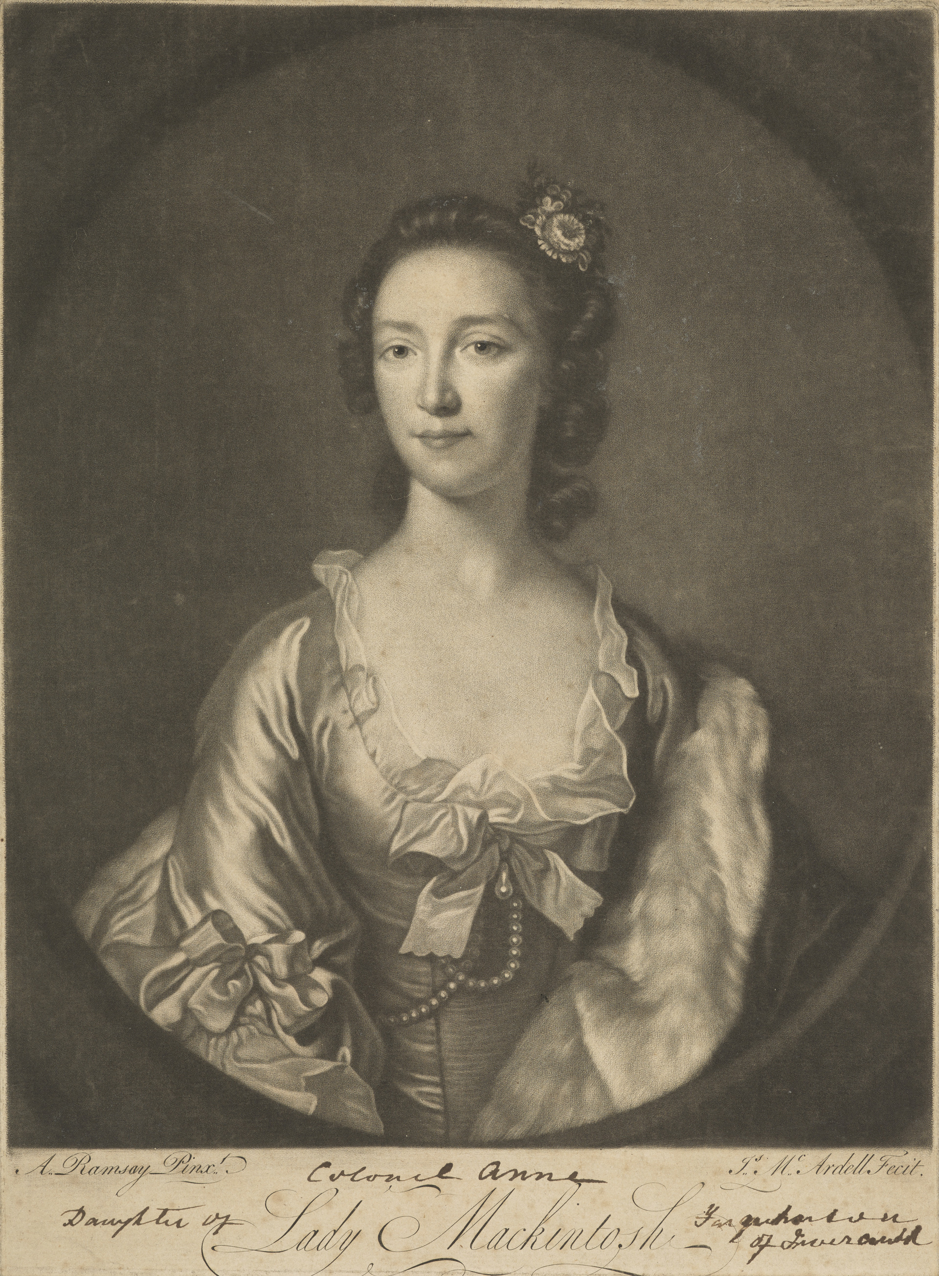 Anne Mackintosh (née Farquharson), Lady Mackintosh, 1723 - 1784. par James McArdell (d'après Allan Ramsay) Jacobite connue comme 'Colonel Anne'