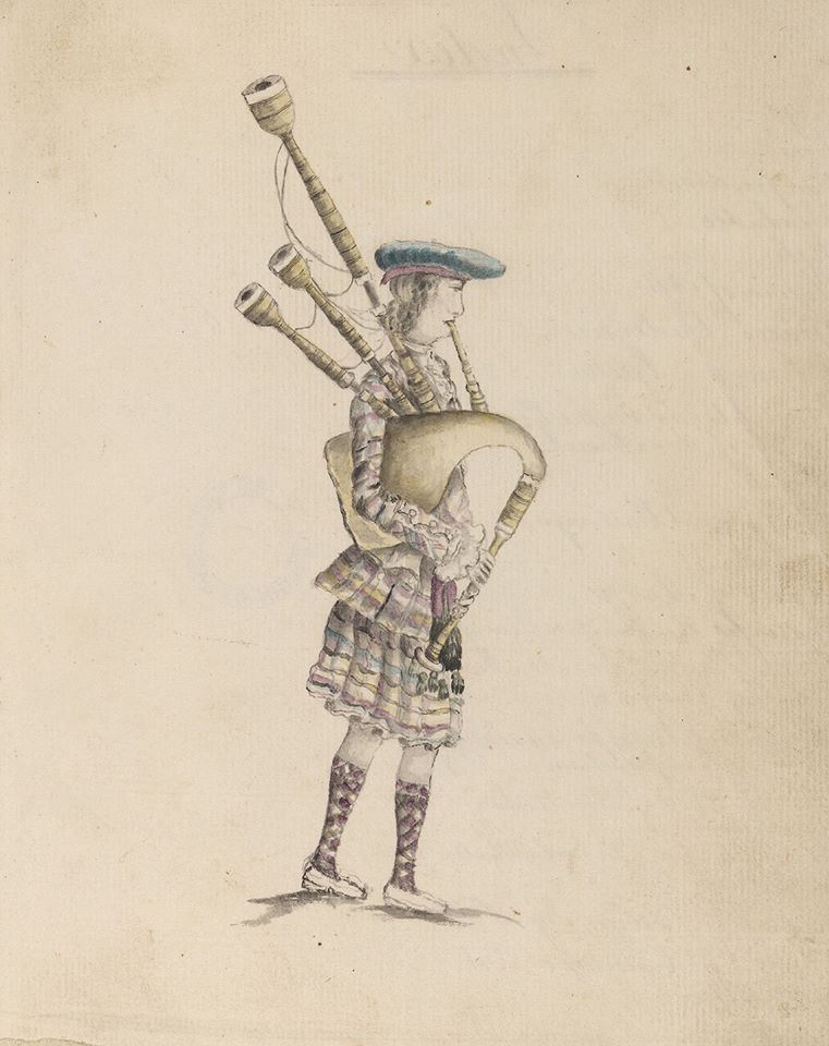 Un sonneur portant un philabeg, illustration du livre "A Compleat Theory of the Scots Highland Bagpipe" de Joseph MacDonald - 1760
